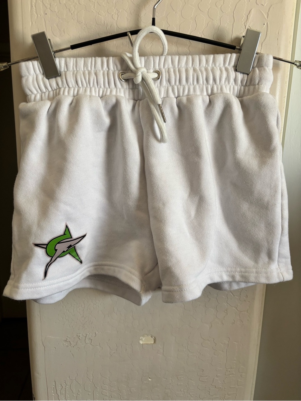 White Drawstring Fleece Shorts with Green Star Logo